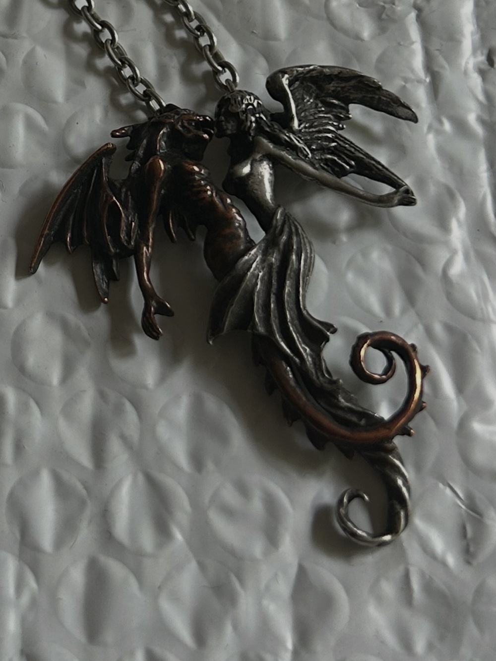 ANGEL & DRAGON DUAL PENDANT 2.5” and 10.5” Necklace Two-Tone Silver & Bronze - Picture 15 of 15